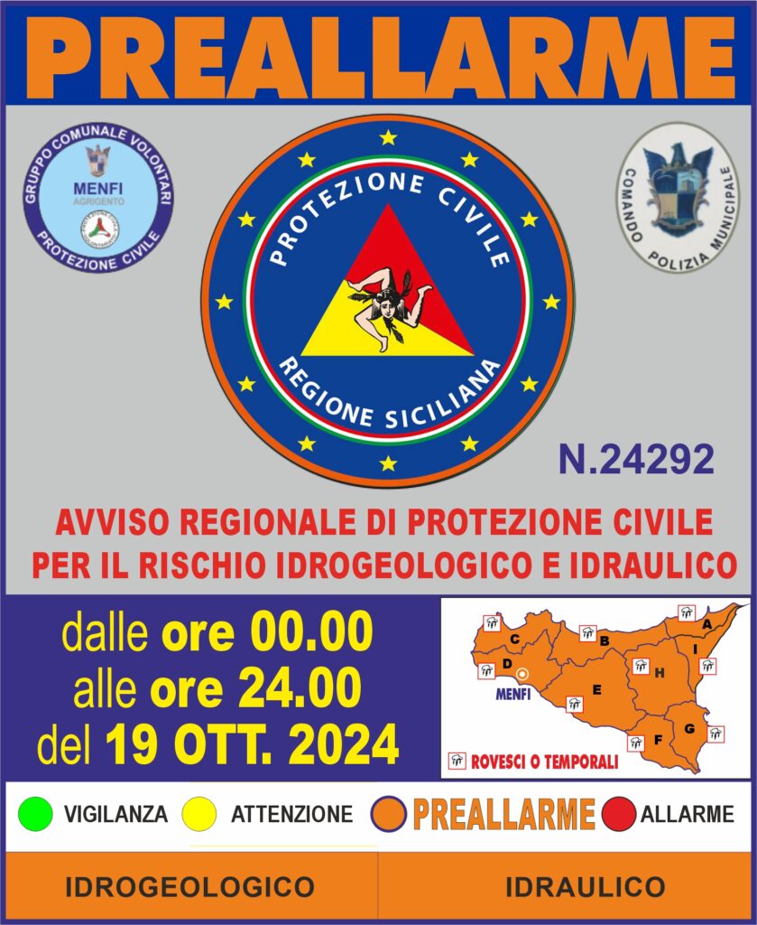 AVVISO REGIONALE DI PROTEZIONE CIVILE PER IL RISCHIO METEO-IDROGEOLOGICO E IDRAULICO N.24292